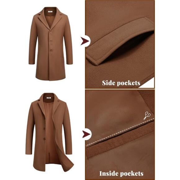 Mens Wool Blend Coat Winter Trench Coats Camel - Picture 6 of 6